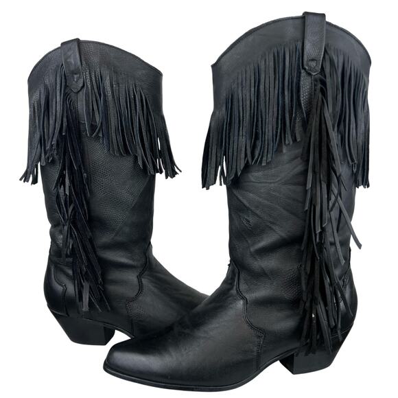 Vintage Dingo Women's Black Leather Fringe Western Cowboy Boots Retro (Sz 7) - Picture 1 of 12
